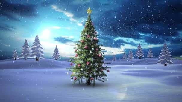 Анимация Снега Падающего Елку Зимний Пейзаж Рождество Зима Традиции Празднование — стоковое видео