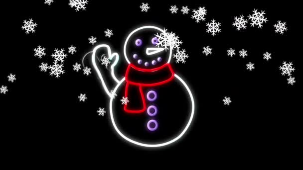 Animation Snow Falling Christmas Neon Decoration Black Background Christmas Tradition — Stock Video