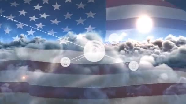 Network Digital Icons Waving Flag Clouds Sky Global Networking Cloud — Stock Video