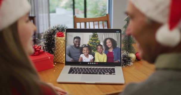 Rear View Caucasian Couple Wearing Santa Hats Having Videocall Laptop — Stock Video