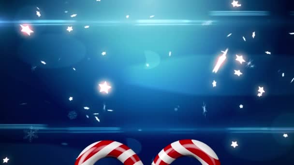 Animación Estrellas Cayendo Sobre Bastón Caramelo Sobre Fondo Azul Navidad — Vídeo de stock