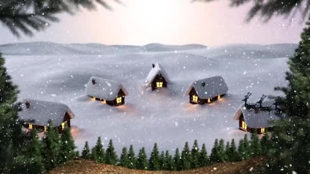 Animatie Van Kerstman Slee Met Rendieren Sneeuw Vallen Winterstad Kerstmis — Stockvideo