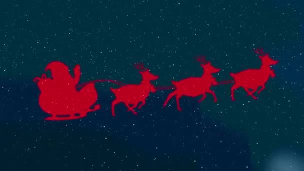 雪橇上的雪飘落在圣塔克洛斯上 由蓝色背景的驯鹿拉着 圣诞节的庆祝和庆祝概念 — 图库视频影像