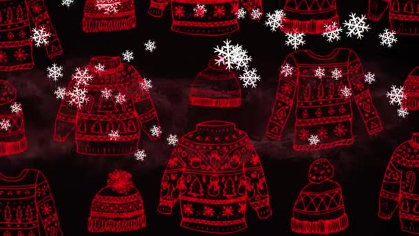 Animatie Van Rode Hoeden Truien Kerst Patroon Sneeuw Vallen Kerstmis — Stockvideo
