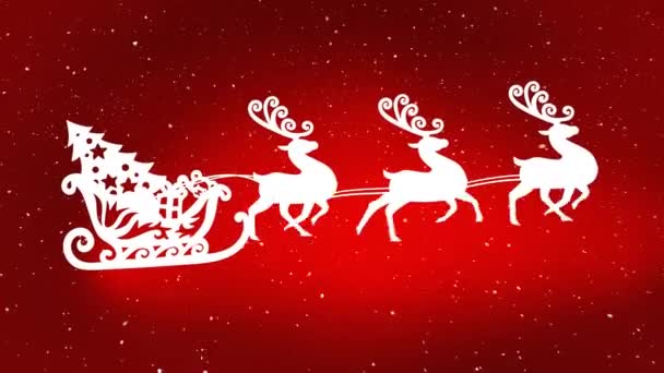 Снег Падает Рождественскую Елку Санях Тянется Северными Оленями Красном Фоне — стоковое видео