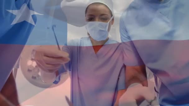 Animáció Chilei Zászlóról Amint Sebészek Felett Lóbál Műtőben Globális Orvostudomány — Stock videók