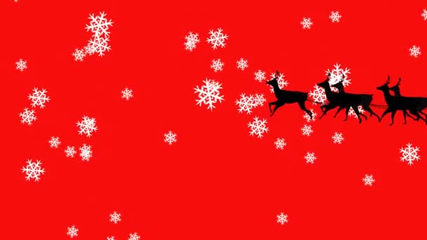 Animatie Van Kerstman Slee Met Rendieren Sneeuwvlokken Rode Achtergrond Kerstmis — Stockvideo