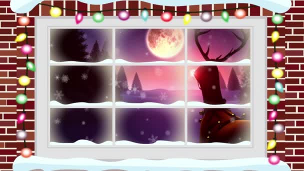 Animazione Della Scena Natalizia Invernale Con Santa Slitta Renne Viste — Video Stock