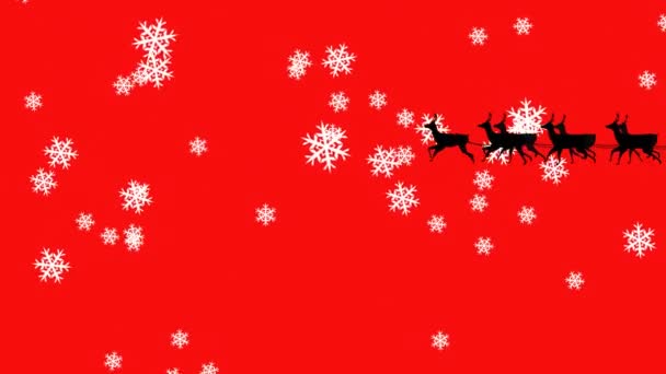 Animazione Babbo Natale Slitta Con Renne Fiocchi Neve Sfondo Rosso — Video Stock