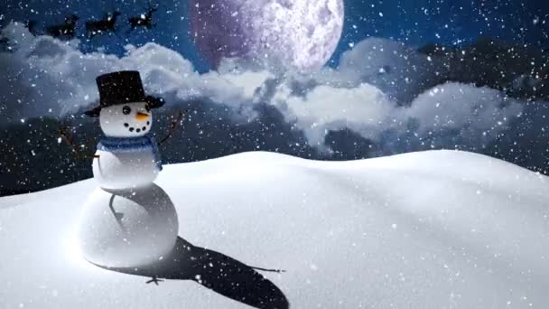 冬の風景の中で笑顔の雪だるまに落ちる雪のアニメーション クリスマス お祝いのコンセプトをデジタルで — ストック動画