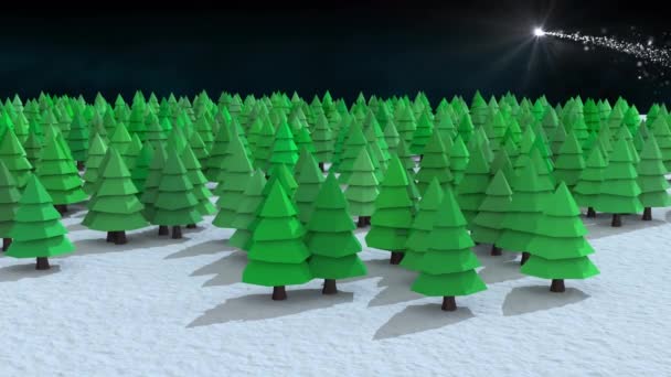 Liczne Drzewa Zimowym Krajobrazie Przeciwko Spadającej Gwieździe Czarnym Tle Koncepcja — Wideo stockowe