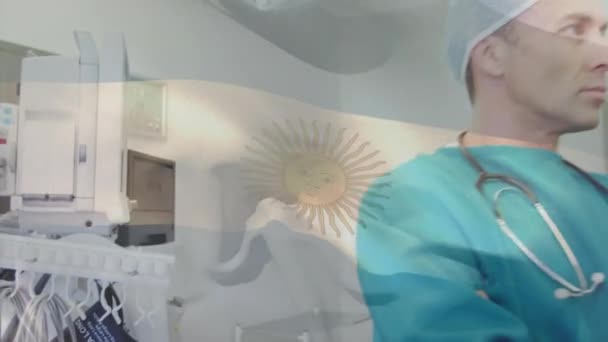 在手术室里 在外科医生面前挥动着蛛网膜旗的动画 全球医学 围产期保健服务 数码制作的19种流行病概念视频 — 图库视频影像