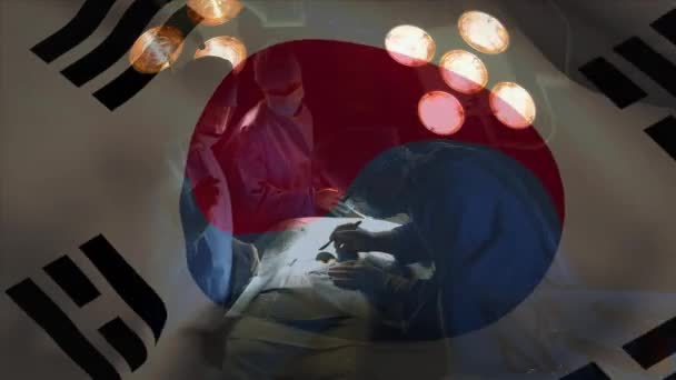 Animacja Flagi Korei Południowej Machająca Nad Chirurgami Sali Operacyjnej Globalna — Wideo stockowe