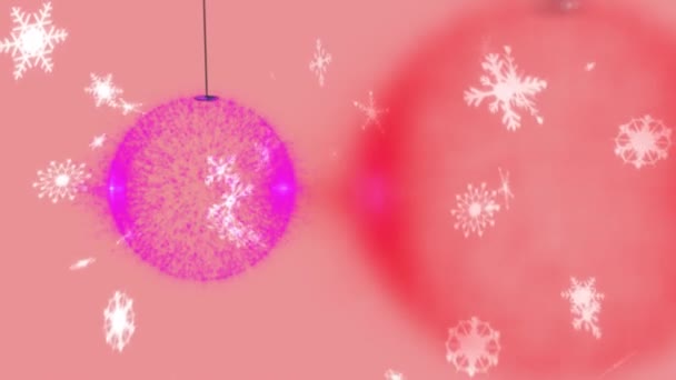 Animation Boules Noël Sur Neige Tombant Sur Fond Rose Noël — Video