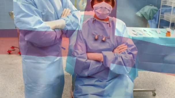 在手术室里 英国国旗在外科医生面前飘扬 全球医学 围产期保健服务 数码制作的19种流行病概念视频 — 图库视频影像