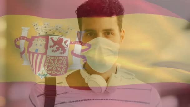 Анимация Испанского Флага Размахивающего Над Человеком Маске Время Пандемии Ковида — стоковое видео
