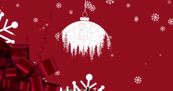 Animação Bola Natal Sobre Neve Caindo Fundo Vermelho Natal Inverno — Vídeo de Stock