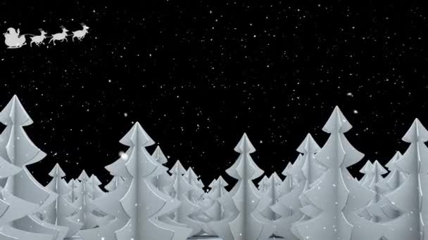 Śnieg Spadający Nad Drzewami Święty Mikołaj Saniach Ciągnięty Przez Renifery — Wideo stockowe