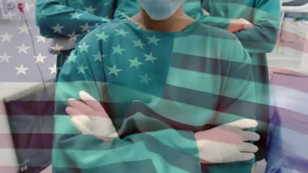 Animación Bandera Ondeando Sobre Cirujanos Quirófano Medicina Global Servicios Salud — Vídeo de stock