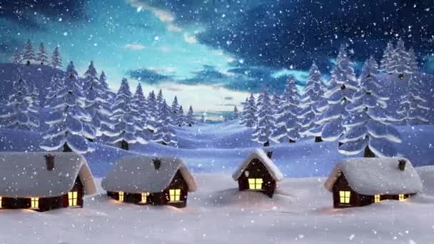 雪が空の雲に対して冬の風景の上に複数の木や家の上に落ちる クリスマス フェスティバルとお祝いのコンセプト — ストック動画