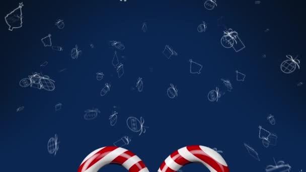 在蓝色背景的圣诞风景上 糖果手杖的动画 传统及庆祝概念数码影片 — 图库视频影像