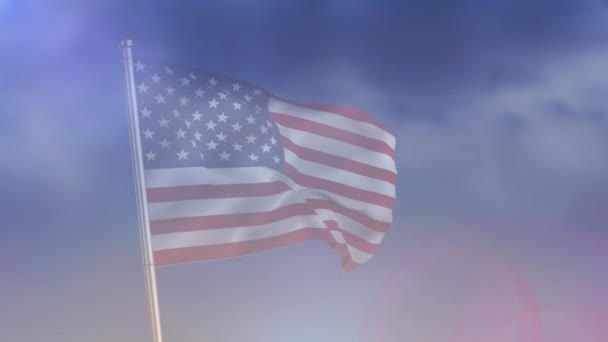 Vriendelijke Tekst Wapperende Amerikaanse Vlag Tegen Wolken Blauwe Lucht Amerikaans — Stockvideo