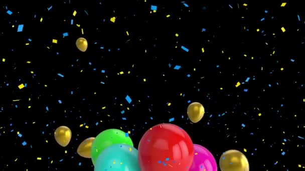 Renkli Balonların Uçuşması Konfetilerin Siyah Arkaplandan Düşmesi Mutlu Yıllar Dijital — Stok video