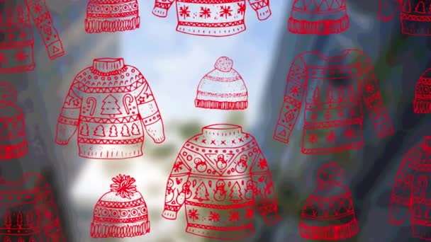 Animazione Felpe Cappelli Natalizi Sfondo Paesaggio Urbano Natale Inverno Tradizione — Video Stock