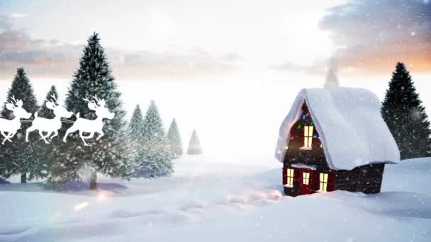 Kış Manzarasında Kar Yağan Ren Geyikleriyle Noel Baba Nın Kızakta — Stok video