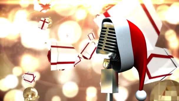 Анимация Шляпы Санты Винтажном Микрофоне Рождественскими Подарками Падает Рождество Зима — стоковое видео