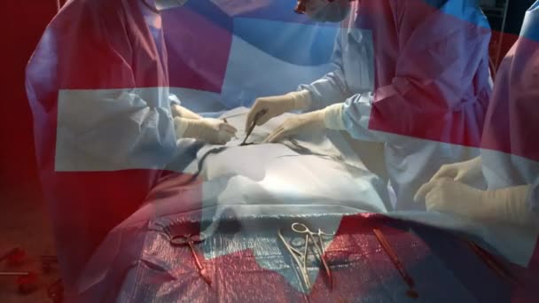 Animace Vlajky Švýcarska Vlnící Nad Chirurgy Operačním Sále Globální Medicína — Stock video