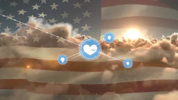 Мережа Цифрових Піктограм Над Махаючи Нам Прапором Проти Хмар Небі — стокове відео