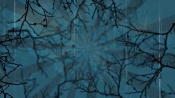 青い放射状の背景に対して不気味な木の枝の上にグランジテクスチャオーバーレイ ハロウィーンベクトルイラストとアートコンセプト — ストック動画