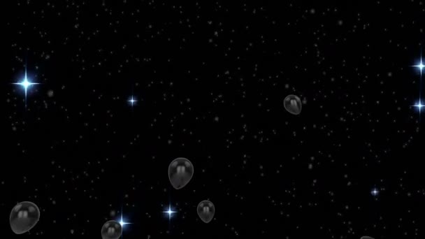 灰色气球在黑色背景下飞过星星的动画 新年前夜派对 圣诞节及数码影片制作的庆祝概念 — 图库视频影像