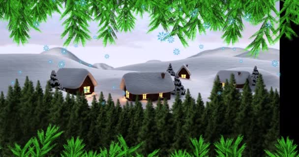 Zelené Větve Stromů Sněhové Vločky Padající Více Stromů Domů Zimní — Stock video