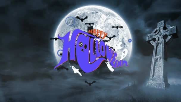 Анимация Счастливого Текста Хэллоуина Над Луной Кладбищенским Фоном Хэллоуинская Традиция — стоковое видео