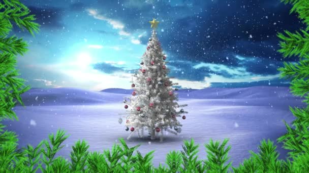 Drzewo Gałęzie Przed Śniegiem Spada Białe Choinki Zimowym Krajobrazie Koncepcja — Wideo stockowe