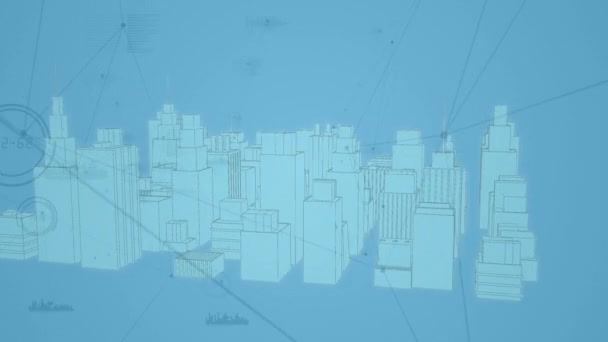 Animación Red Conexiones Procesamiento Datos Sobre Ciudad Sobre Fondo Azul — Vídeos de Stock