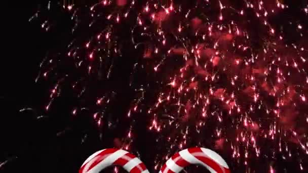 Animación Fuegos Artificiales Sobre Caramelos Navideños Sobre Fondo Negro Navidad — Vídeo de stock