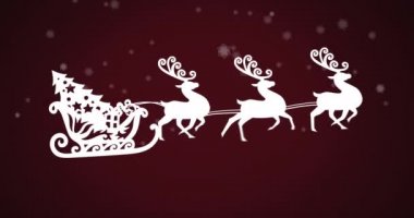 Kızakta Noel Baba 'nın canlandırması. Kırmızı arka planda kar yağan ren geyiği. Noel, gelenek ve kutlama konsepti dijital olarak oluşturuldu.