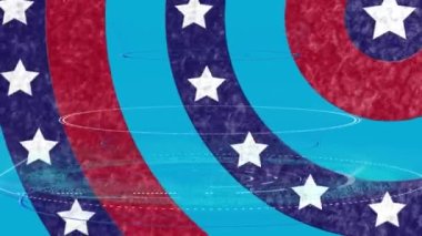 Yuvarlak tarayıcılar ve konfetiler mavi arka planda dönen dairelerde yıldızların üzerine düşüyorlar. Amerikan bağımsızlığı ve kutlama konsepti
