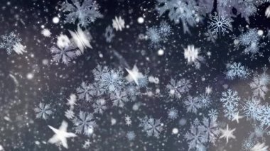 Mavi arka planda beyaz noktalara düşen kar tanelerinin dijital animasyonu. Noel şenliği ve kutlama konsepti