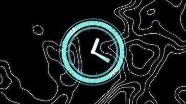 Hareket eden beyaz çizgilerin ve siyah arkaplandaki saatin animasyonu. Mutlu yıllar ve dijital olarak üretilen video konsepti.