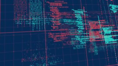 Mavi zemin üzerinde veri işleme animasyonu. küresel bağlantılar, veri işleme ve dijital arayüz konsepti dijital olarak oluşturulmuş video.