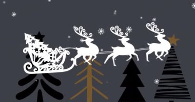 Kızak içindeki Noel ağacı, ren geyikleri tarafından gri arka planda Noel ağacı ikonlarına karşı çekiliyor. Noel şenliği ve kutlama konsepti