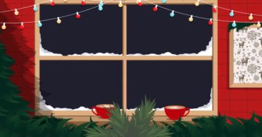 Pencerenin üzerinde mum animasyonu ve noel perisi ışıkları. Noel, kış, gelenek ve kutlama konsepti dijital olarak oluşturulmuş video.