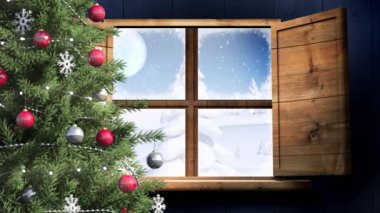 Pencereden görülen kış manzarası ve Noel Baba kızağı animasyonu. Noel, gelenek ve kutlama konsepti dijital olarak oluşturuldu.