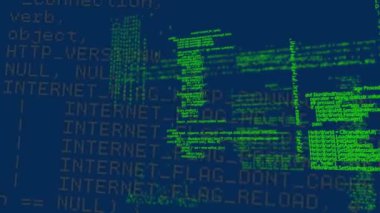 Mavi arkaplanda veri işleme animasyonu. küresel bağlantılar, veri işleme ve dijital arayüz konsepti dijital olarak oluşturulmuş video.