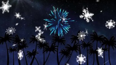 Palmiye ağaçları ve havai fişeklerin üzerine düşen kar animasyonu. Yeni yıl partisi ve dijital olarak üretilen video konsepti.