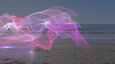 Sahilde koşan beyaz bir kadının üzerindeki renkli şekillerin animasyonu. global spor, incelik ve sağlıklı yaşam tarzı konsepti dijital olarak oluşturulmuş video.